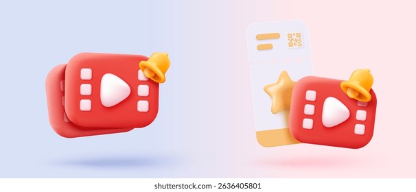 Bilhete de cinema 3D com ícone mínimo de reprodução de cinema, pronto para assistir ao filme no cinema. Filme de mídia para entretenimento, serviço de reserva de ingressos. 3d vetor cinema ícone de cupom renderizar ilustração