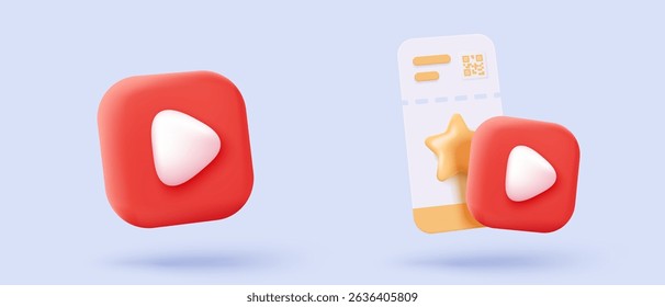 Bilhete de cinema 3D com ícone mínimo de reprodução de cinema, pronto para assistir ao filme no cinema. Filme de mídia para entretenimento, serviço de reserva de ingressos. 3d vetor cinema ícone de cupom renderizar ilustração