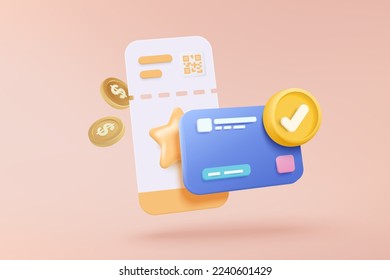 3D cinema movie ticket with online money payment, watch movie in theatre. Media film for entertainment, booking ticket and payment credit card. 3d vector cinema coupon icon render illustration