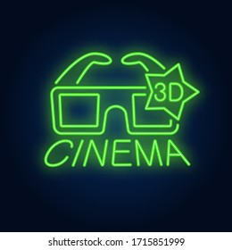 3D cinema neon sign. 3D glasses and star shaped sticker on brick wall. Night bright advertisement. Vector illustration in neon style for online movie and cinema