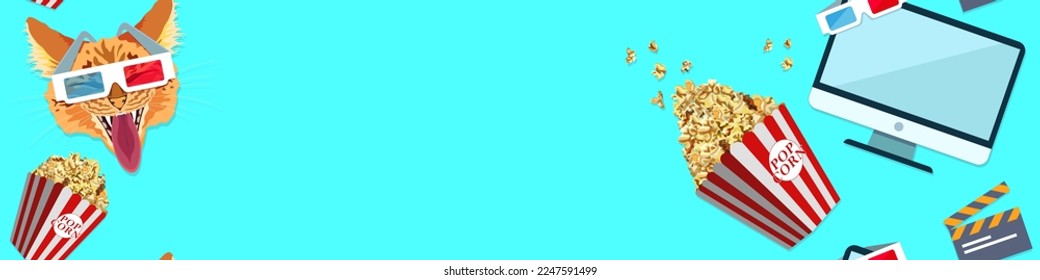 3d cinema, cinema online, home cinema. Seamless background with popcorn, clapperboard, computer and cat in 3d glasses. Empty space in the center of the banner