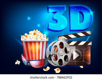 3D cinema poster design. Vector template banner.
