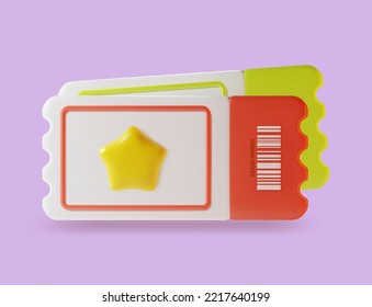 3d Cinema Ticket Plasticine Cartoon Style Admit One Coupon Entrance. Vector illustration of Movie Tickets with Barcode