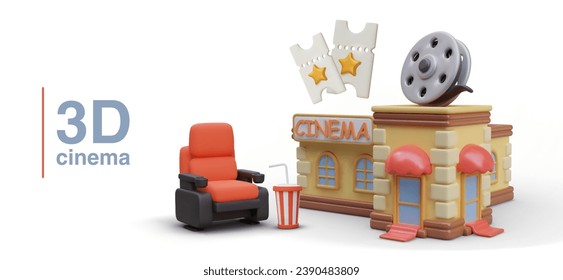3D cinema. VIP tickets with gold stars. Creative concept of comfortable watching of modern films. Vector illustration in cartoon style. Place for advertising text, dates