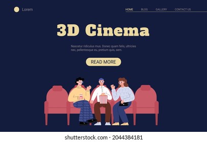 3D cinema web banner with people watching movie, flat vector illustration on dark background. Cinema entertainment advertising banner or poster for website.
