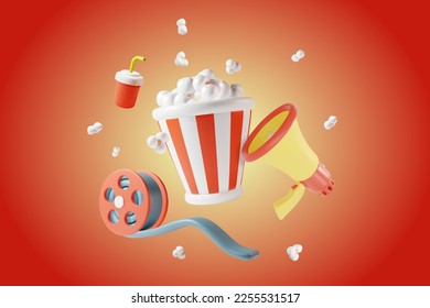 3d Cinematography Elements Set Concept Plasticine Cartoon Style on a Red Background. Vector illustration of Megaphone, Film Reel and Popcorn Bucket