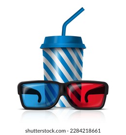 3d cinima glasses and cola cup, vector illustration