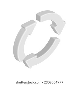 3D circle arrows. Vector isometric round refresh, reload, exchange icon. 3 arrows isolated on white background. 3D design element for app, web, advert.