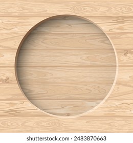 3D circle frame paper cut style with cut timber panels graphic square background illustrated have blank space. Wooden whitewashed texture pattern with round border template.