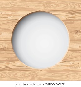 3D circle frame paper cut style with cut timber panels graphic square background illustrated have white blank space. Wooden whitewashed texture pattern with white round border template.