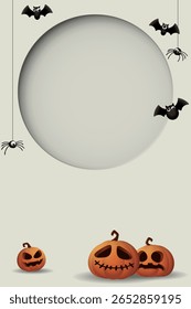 Estilo de corte de papel de marco circular 3D con calabazas de Halloween, murciélagos y araña en la ilustración gráfica de fondo gris Vertical.