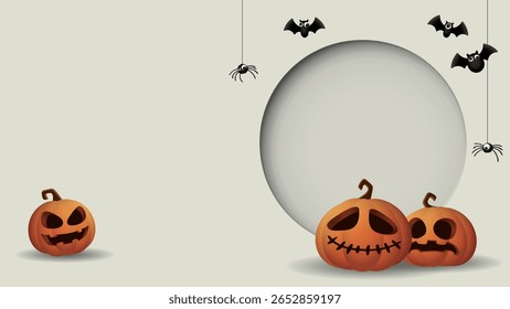 El estilo de corte de papel de marco circular 3D con calabazas de Halloween, murciélagos y araña en la ilustración gráfica de fondo gris Horizontal tiene espacio en blanco.