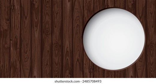 3D circle frame white color paper cut style with cut timber panels graphic rectangle background illustrated have blank space. Wooden texture pattern with white round border template.