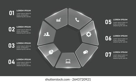 3D Circle Glass 7 Step Business Timeline Infographic with Communication Icons and Global Connection Design