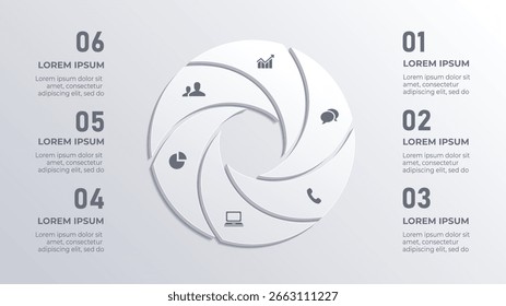 3D Circle Infographic with 6 Steps for Business Timeline and Strategy Presentation auf weißem Hintergrund