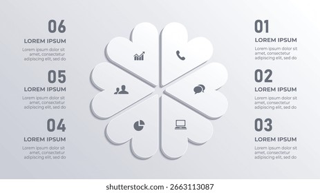 Infografía 3D Circle en blanco con 6 pasos para la línea de tiempo de negocios y la presentación del flujo de trabajo