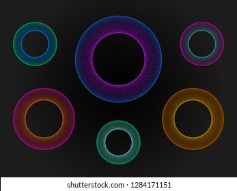 3d circle neon set. Big data visualization. Abstract gradient ring. Futuristic round shapes collection. Cyber design with bright elements. Modern business concept for banner. Vector illustration.