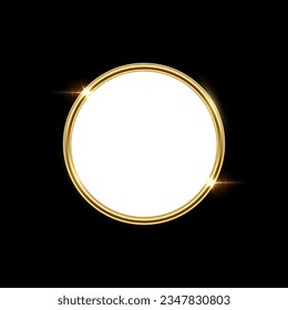 3d circle plate button with golden frame vector illustration. Realistic isolated website element, golden glossy round label for game UI, badge of navigation menu with shiny light effect border.
