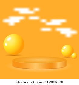3D-Kreis-Podium mit Bälle und Wolkenhintergrund. Gold, orange und weiß