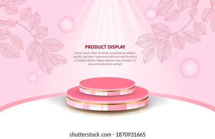 3d circle podium display. Abstract pink background for Product Presentation, mock up, show cosmetic product. Vector Illustration