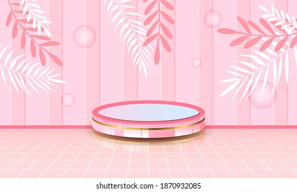 3d circle podium display. Abstract pink background for Product Presentation, mock up, show cosmetic product. Vector Illustration