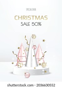 3D circle podium display with Christmas tree. Winter holiday background.