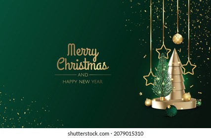 Pantalla de podio de círculo 3D con árbol de Navidad. Fondo de vacaciones de invierno.