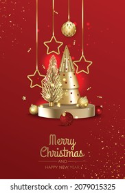 3D circle podium display with Christmas tree. Winter holiday background.
