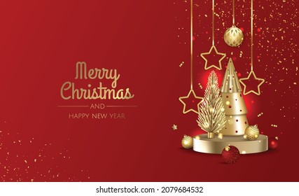 3D circle podium display with Christmas tree. Winter holiday background.