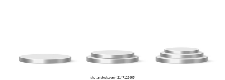 3d circle podium set for product presentation vector illustration. Realistic silver platforms with one, two and three steps, cylinder pedestal mockup in showroom or studio isolated on white background