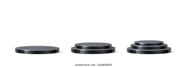 3d circle podium set for product presentation vector illustration. Realistic black platforms with one, two and three steps, cylinder pedestal mockup in showroom or studio isolated on white background