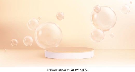 3d circle product podium with abstract bubble on background. White platform for cosmetic showcase in minimal pastel studio room. Round empty pedestal with soap bg for presentation and promotion