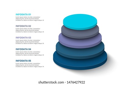 3D-Kreise mit 5 Segmenten oder Schichten. Moderne Infografik-Design-Vorlage. Vektorillustration zur Präsentation. Konzept von fünf Stufen der Hierarchie.