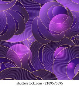 3d circles seamless pattern. Lines circles glowing violet background. Repeat illuminated neon style line art vector backdrop. Trendy geometric linear Deco ornaments. 3d glow spheres, circle shapes.