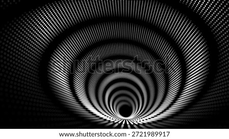 3D Circles Tech Background with Dotted Lines and Optical Illusion Effect. Big Data Visualization in Dark Space. Modern Dots Style Round Tunnel Banner. Vector Illustration.