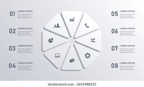 3D Circular 8 Step Business Timeline Infographic – Navigation and Global Journey Concept on White Background