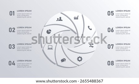3D Circular 8 Step Business Timeline Infographic – Web Navigation Icons and Cinematic Elements on White Background
