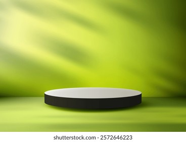 3D circular black and white podium set against a vibrant green backdrop with soft light rays. Eco friendly product displays, organic mockups, and natural, fresh presentations.