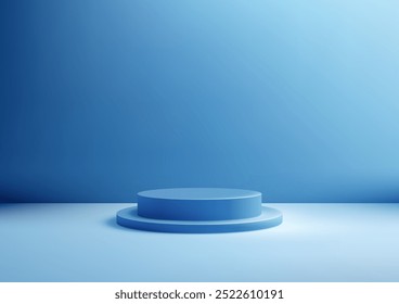 3D circular blue podium stands against a blank blue wall background, illuminated by soft diffused light. Ideal for product display, mockup, or showroom setups