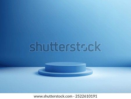 3D circular blue podium stands against a blank blue wall background, illuminated by soft diffused light. Ideal for product display, mockup, or showroom setups