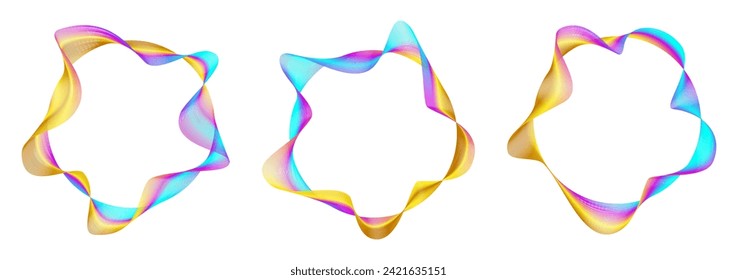 3d circular club music audio waves. Blurred and spotted curly neon blend frames. Spiral gold metal round rings. Striped line luxury patterns.