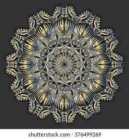 3d circular medallion, royal decorative symbol, relic,vector,  element, metal . Metallic medallion. Vector mandala. Vector pattern. Ethnic decorative round mandala.