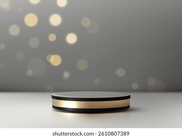 3d circular podium with a black top and gold middle band on a glossy white surface, perfect for luxury product mockups, modern showcases, or high end presentation concepts in a minimalist style