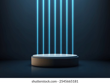 3D circular podium with glowing blue neon lights, set on a reflective surface. Technology futuristic product displays, digital mockups, and sleek modern showroom designs