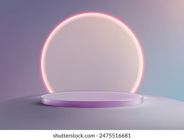 3D Circular Podium with Glowing Pink Neon Rim, Futuristic Technology Concept for Product Display and Mockups in Bright Background