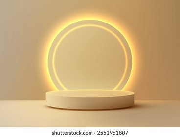 3D circular podium illuminated by a glowing circle yellow halo sits on a beige background. Product displays, mockups, and modern showroom designs with a minimal aesthetic