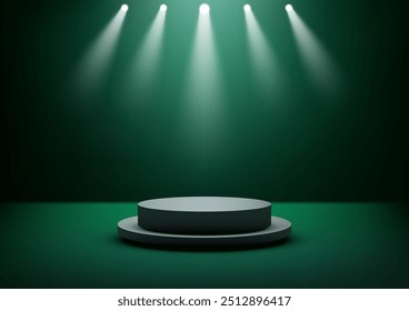 3D Circular Podium with Spotlights on Dark Green Background, Dramatic Product Display and Award Ceremony Concept, Modern Showcase, Mockup, and Presentation Design