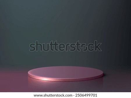 3D circular rose gold podium reflecting on a dark surface against a deep blue background, perfect for luxury product displays, modern mockups, and showrooms