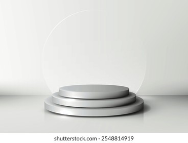 3D circular silver podium with three tiers on a clean white background, transparent circle backdrop. Elegant product displays, showroom showcases, and modern branding concepts