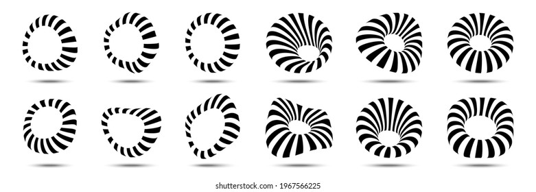 3d circular striped frames set. Three dimensional stripy distort shapes isolated on the white background. Logo design element for technology, medical. Round border using line stripes texture. Vector